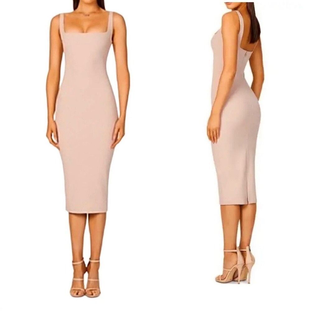Nookie Sz L Rendezvous Nude Pink Midi Dress body con Stretch NWT $239 Revolve